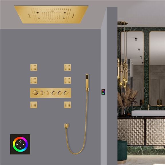 AVELLINO WATERFALL RAINFALL MIST THERMOSTATIC LED REMOTE CONTROLLED RECESSED CEILING GOLD MOUNT GOLD SHOWER SYSTEM WITH JETTED BODY SPRAYS AND HANDHELD SHOWER